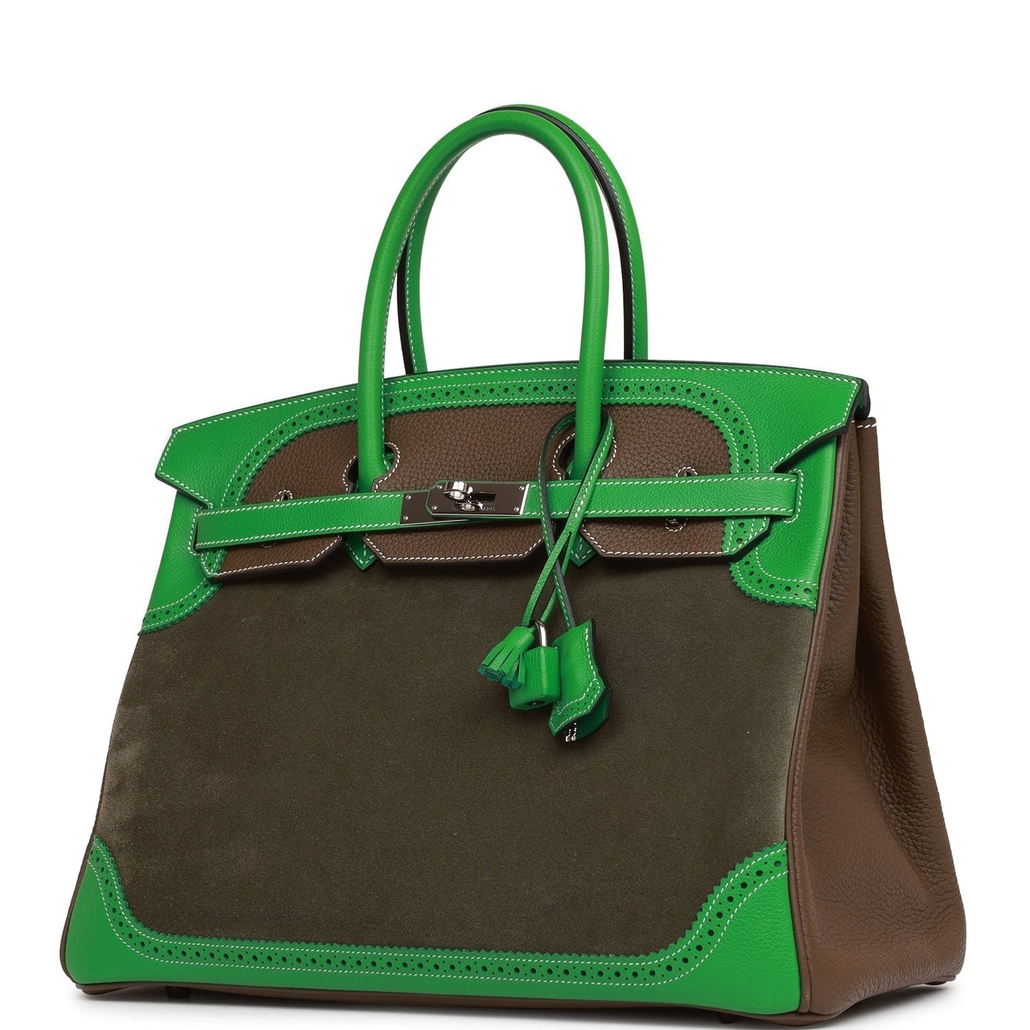 Hermes Grizzly Ghillies Birkin 35 Vert de Gris, Bambou and Taupe Doblis Palladium Hardware