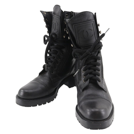 CHANEL boots leather black Sports line 35