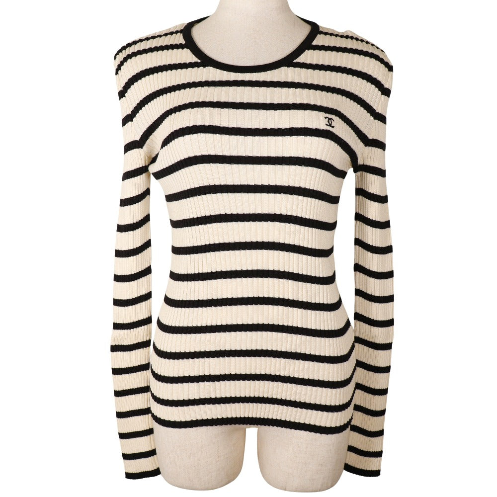 CHANEL sweater P10238V00445 cotton White / black 98P border COCO Mark Women 44 Used
