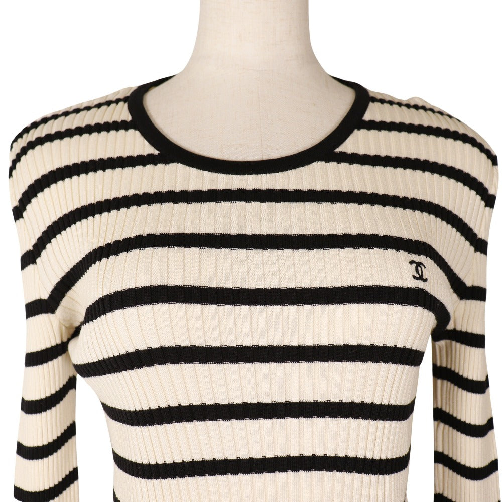 CHANEL sweater P10238V00445 cotton White / black 98P border COCO Mark Women 44 Used