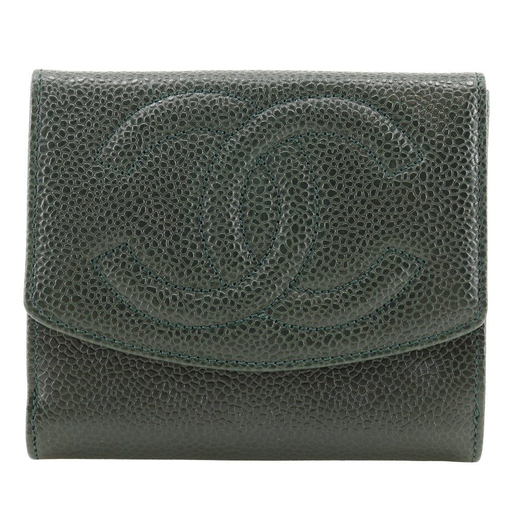 CHANEL Bifold Wallet A13496 Caviar skin Deep green COCO Mark Women Used