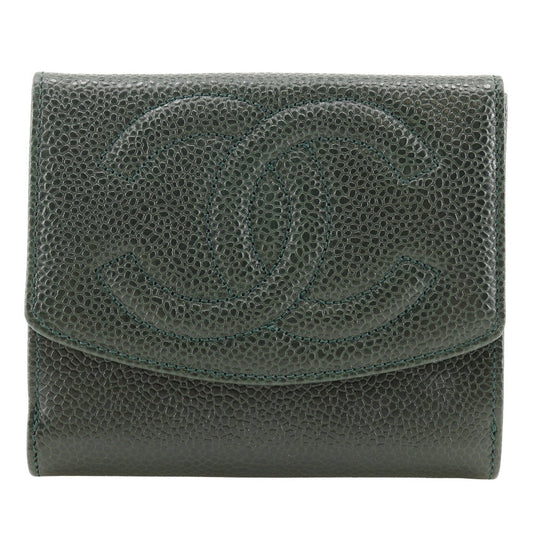 CHANEL Bifold Wallet A13496 Caviar skin Deep green COCO Mark Women Used