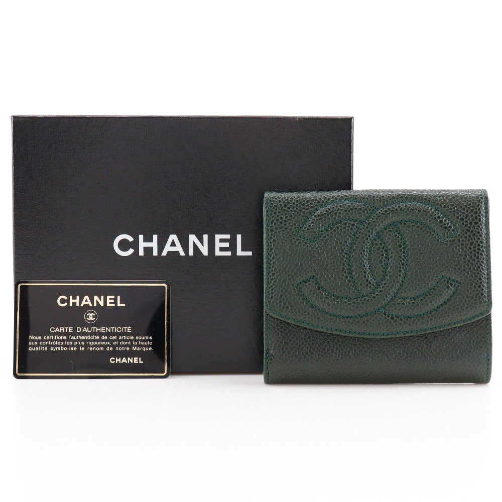 CHANEL Bifold Wallet A13496 Caviar skin Deep green COCO Mark Women Used