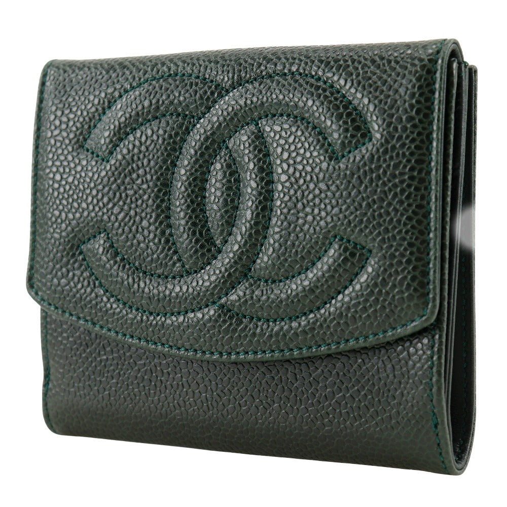 CHANEL Bifold Wallet A13496 Caviar skin Deep green COCO Mark Women Used