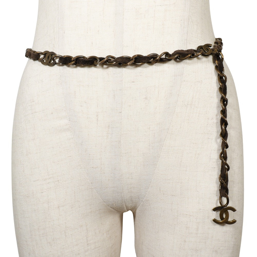 CHANEL belt A07928Y02269 Plated Gold, Suede Brown COCO Mark Vintage processing Chain belt Women Used