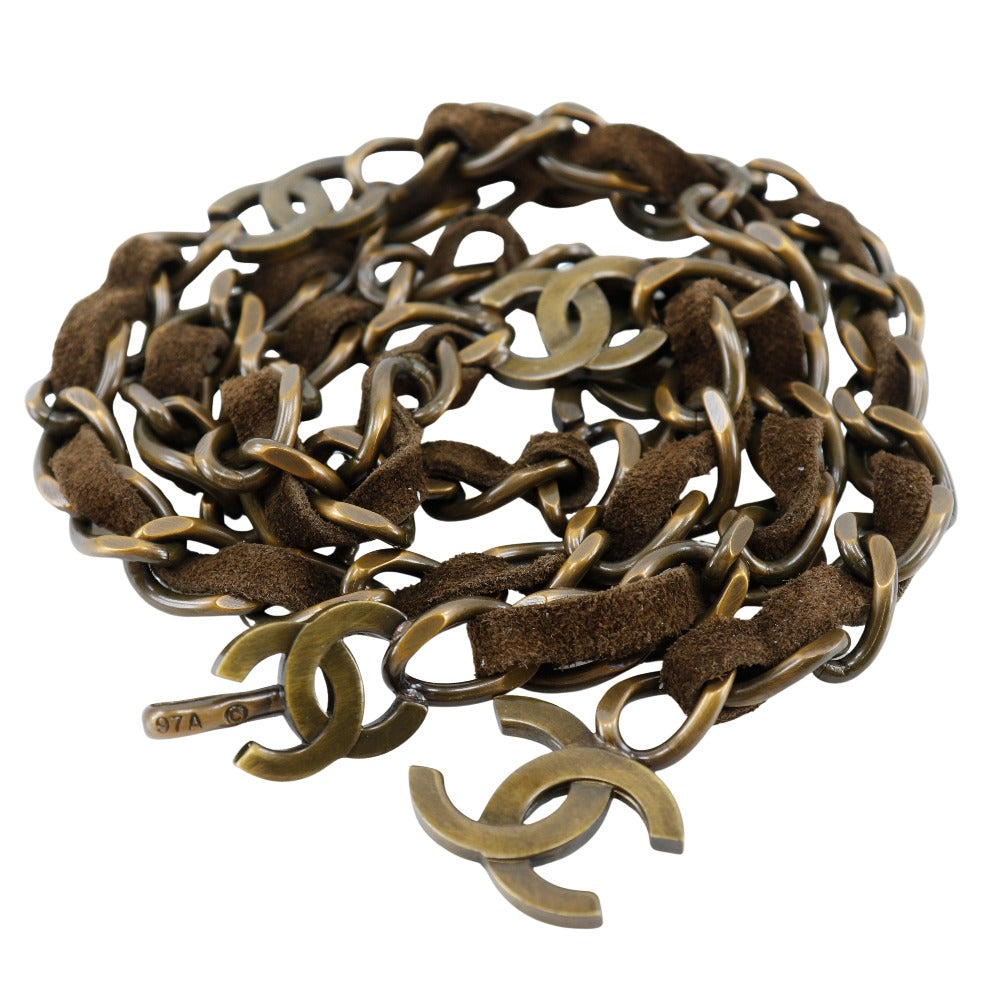 CHANEL belt A07928Y02269 Plated Gold, Suede Brown COCO Mark Vintage processing Chain belt Women Used