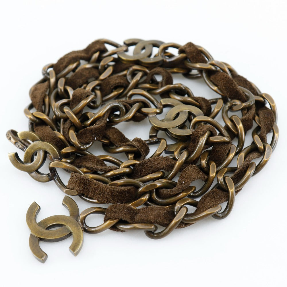 CHANEL belt A07928Y02269 Plated Gold, Suede Brown COCO Mark Vintage processing Chain belt Women Used