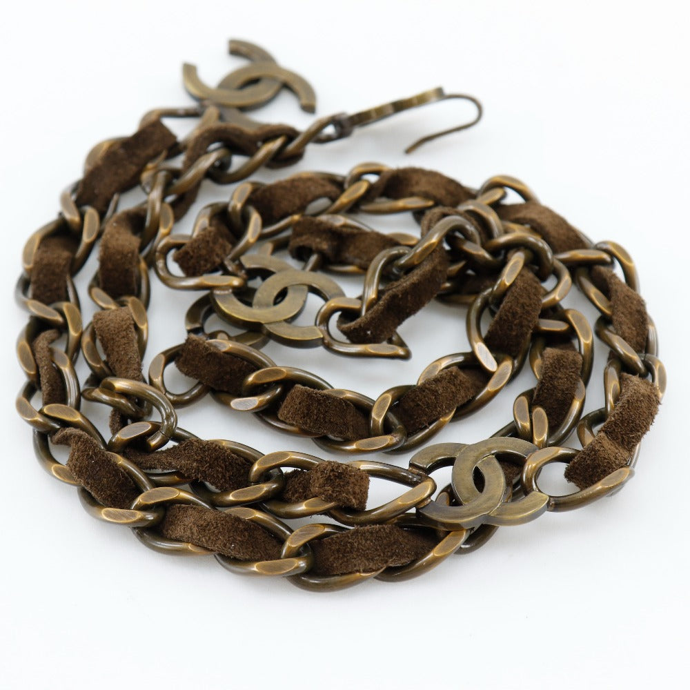 CHANEL belt A07928Y02269 Plated Gold, Suede Brown COCO Mark Vintage processing Chain belt Women Used