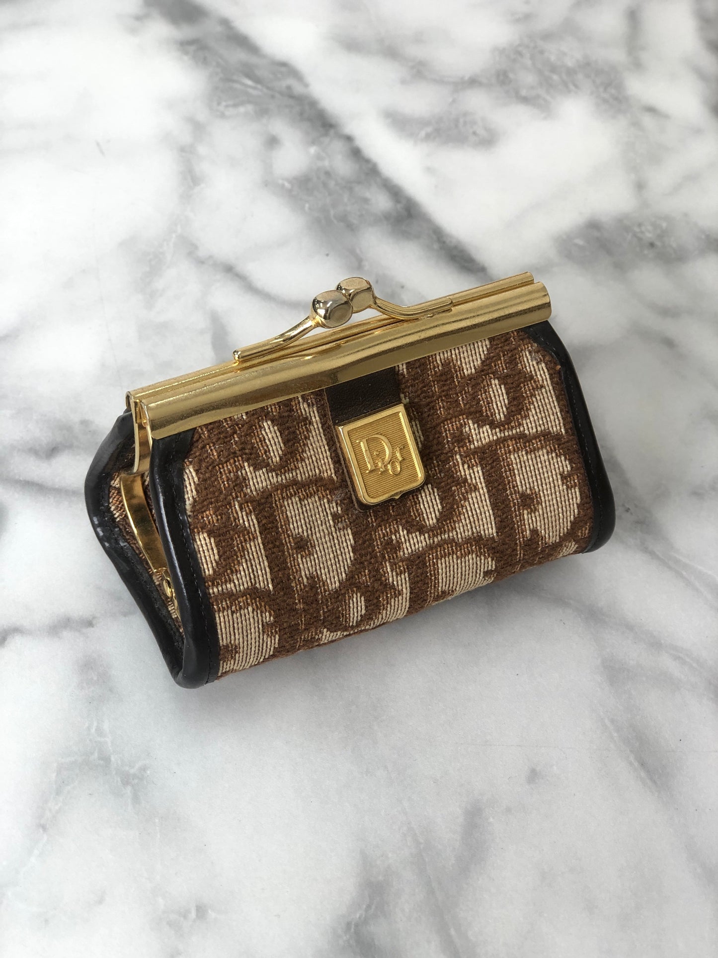 Christian Dior Trotter Jacquard Leather Metal Clasp Coin Purse Brown Vintage mcrrev