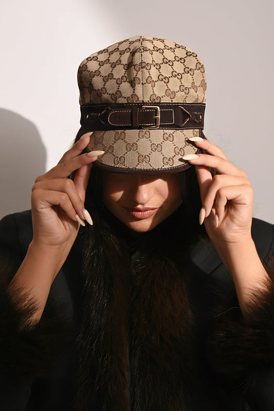 Gucci Brown Leather GG Supreme Buckle Detail Hat Size L
