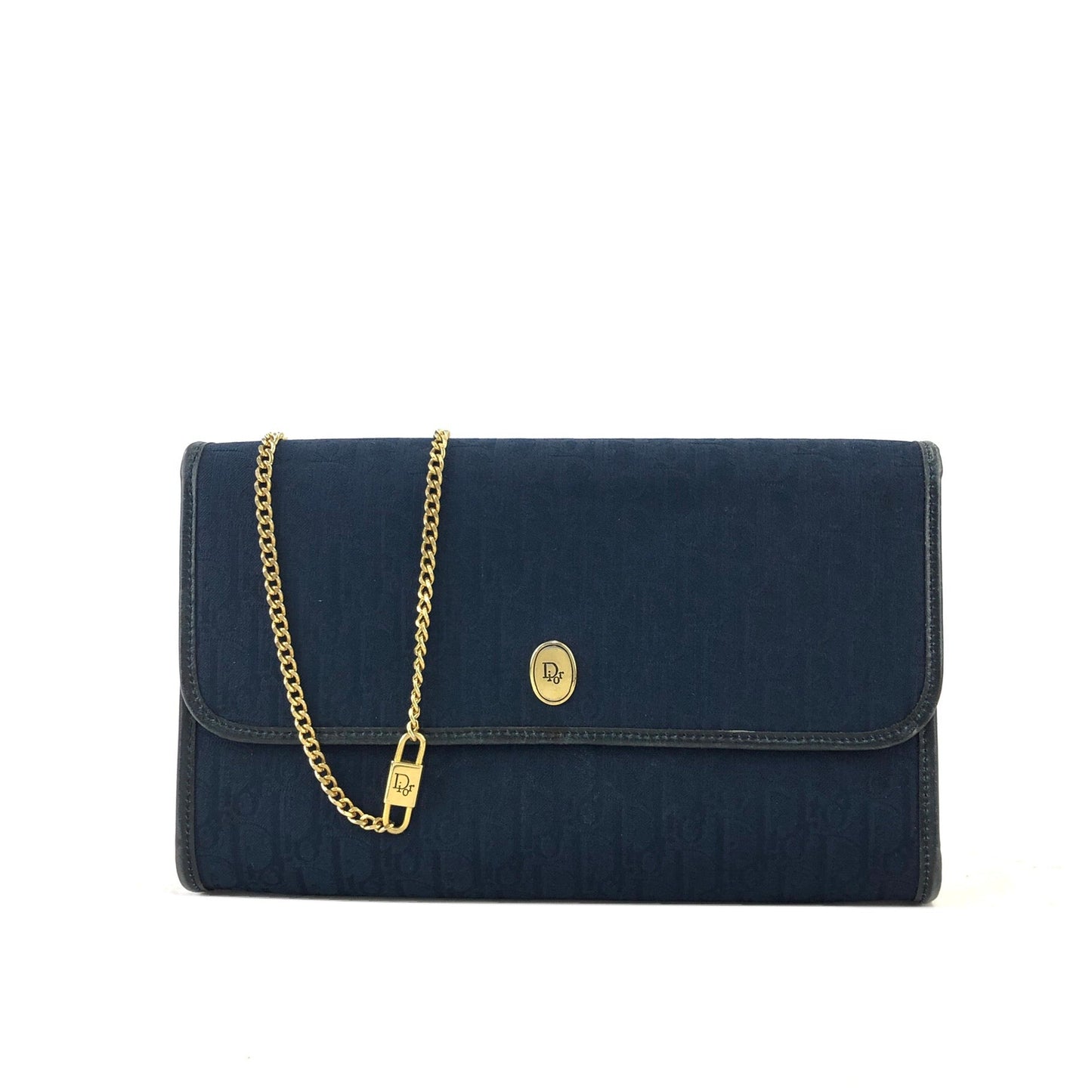 Christian Dior Trotter Logo Jacquard Leather Chain Crossbody Shoulder bag Navy Vintage khnany