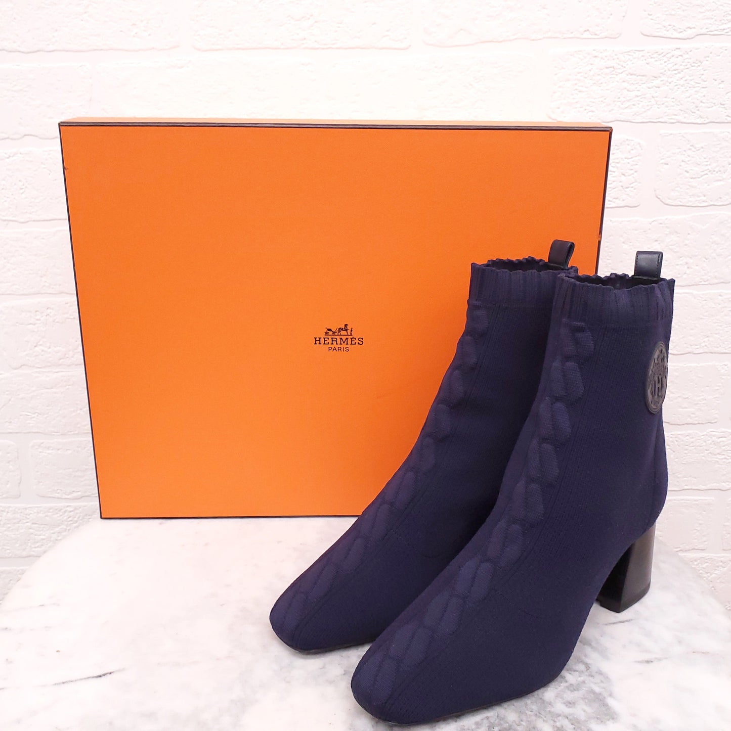 HERMES NAVY VOLVER SOCK BOOTS WITH LOGO - SIZE 37