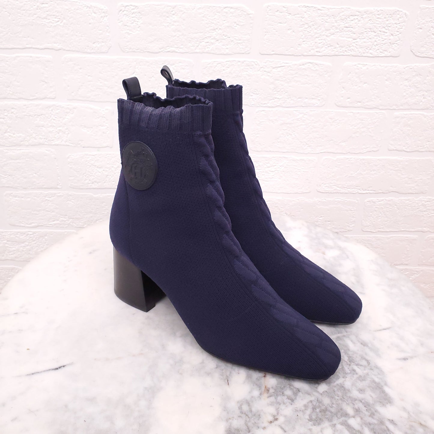 HERMES NAVY VOLVER SOCK BOOTS WITH LOGO - SIZE 37