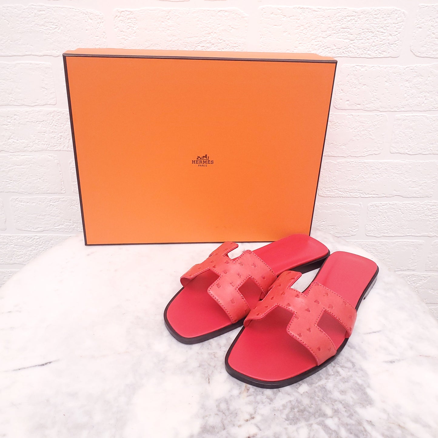 HERMES RED OSTRICH ORAN SANDALS - SIZE 36.5