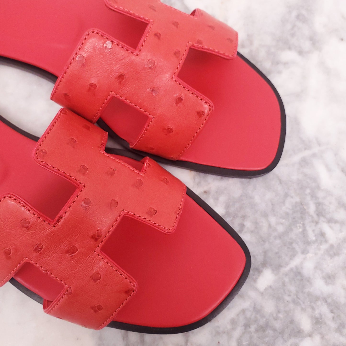 HERMES RED OSTRICH ORAN SANDALS - SIZE 36.5