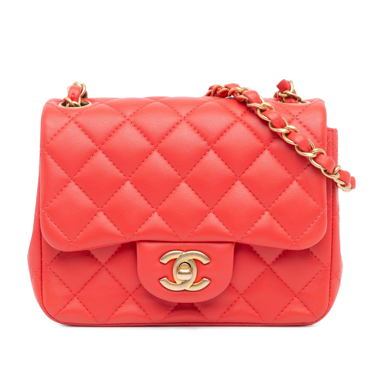 Red Chanel Mini Square Classic Lambskin Single Flap Crossbody Bag