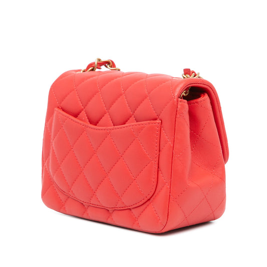 Red Chanel Mini Square Classic Lambskin Single Flap Crossbody Bag
