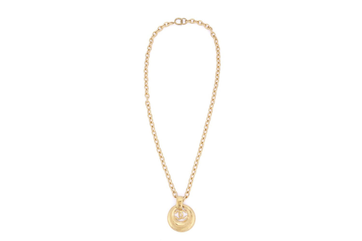 Chanel Gold Plated Necklace with Large Diameter 5cm CC Pendant, long 72cm, with Box