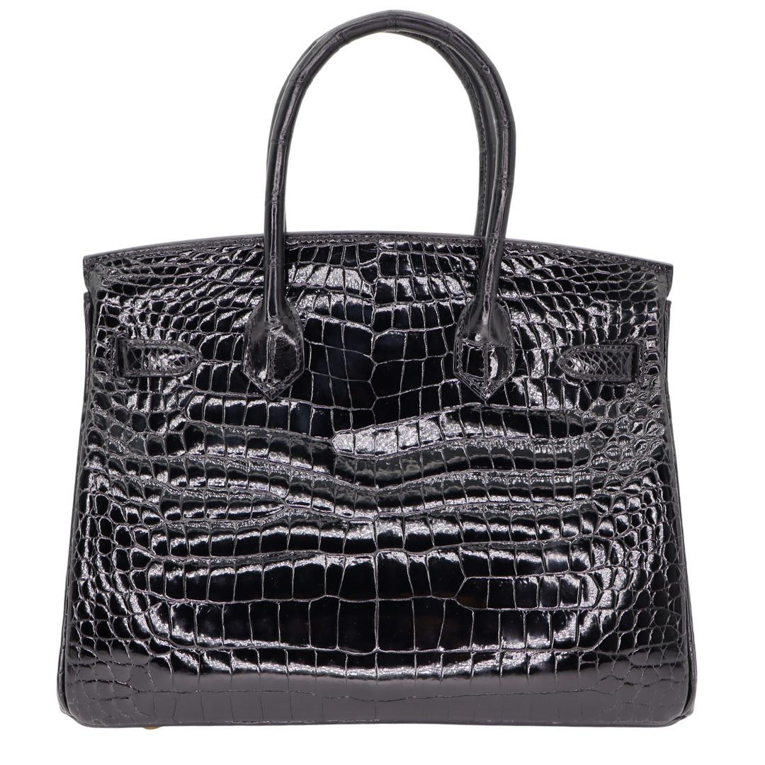 Hermès 30cm Birkin Black Shiny Crocodile Porosus Gold Hardware