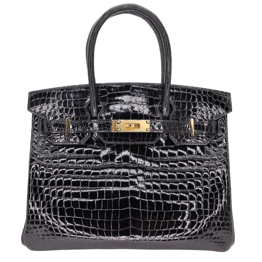 Hermès 30cm Birkin Black Shiny Crocodile Porosus Gold Hardware