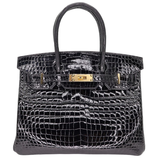 Hermès 30cm Birkin Black Shiny Crocodile Porosus Gold Hardware