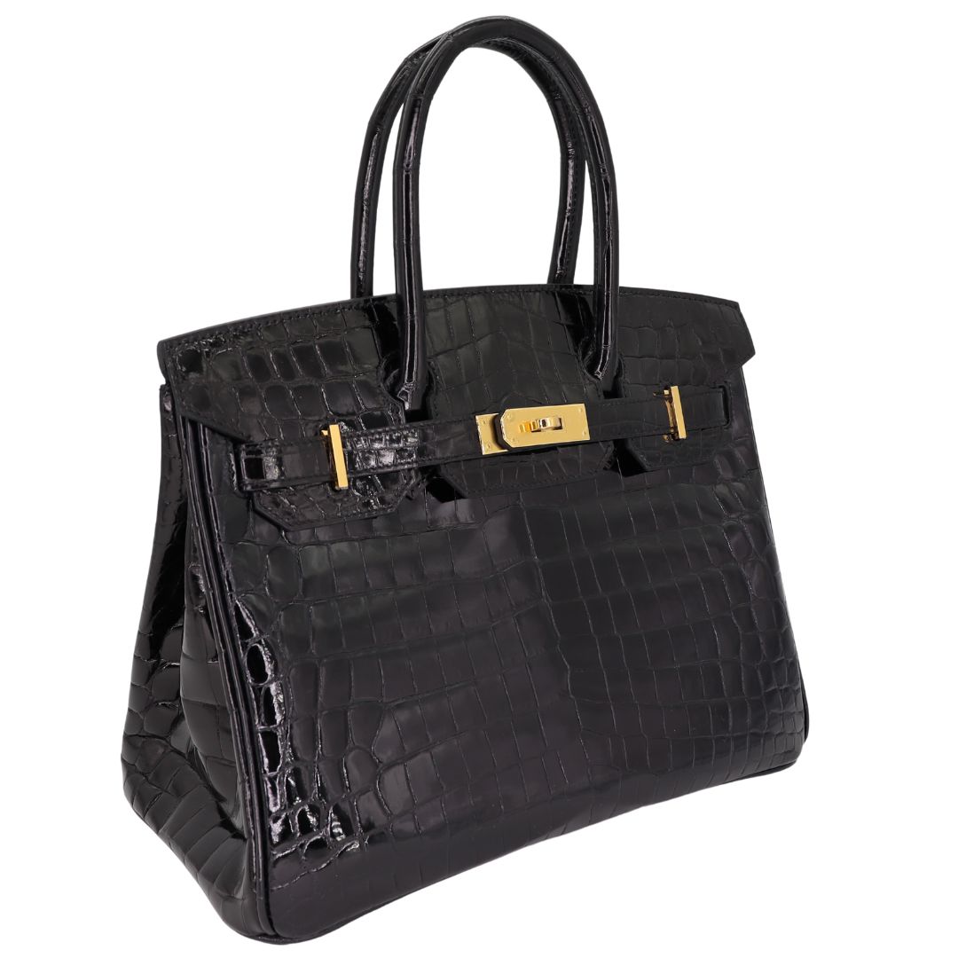 Hermès 30cm Birkin Black Shiny Niloticus Crocodile Gold Hardware