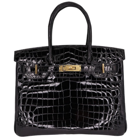 Hermès 30cm Birkin Black Shiny Niloticus Crocodile Gold Hardware