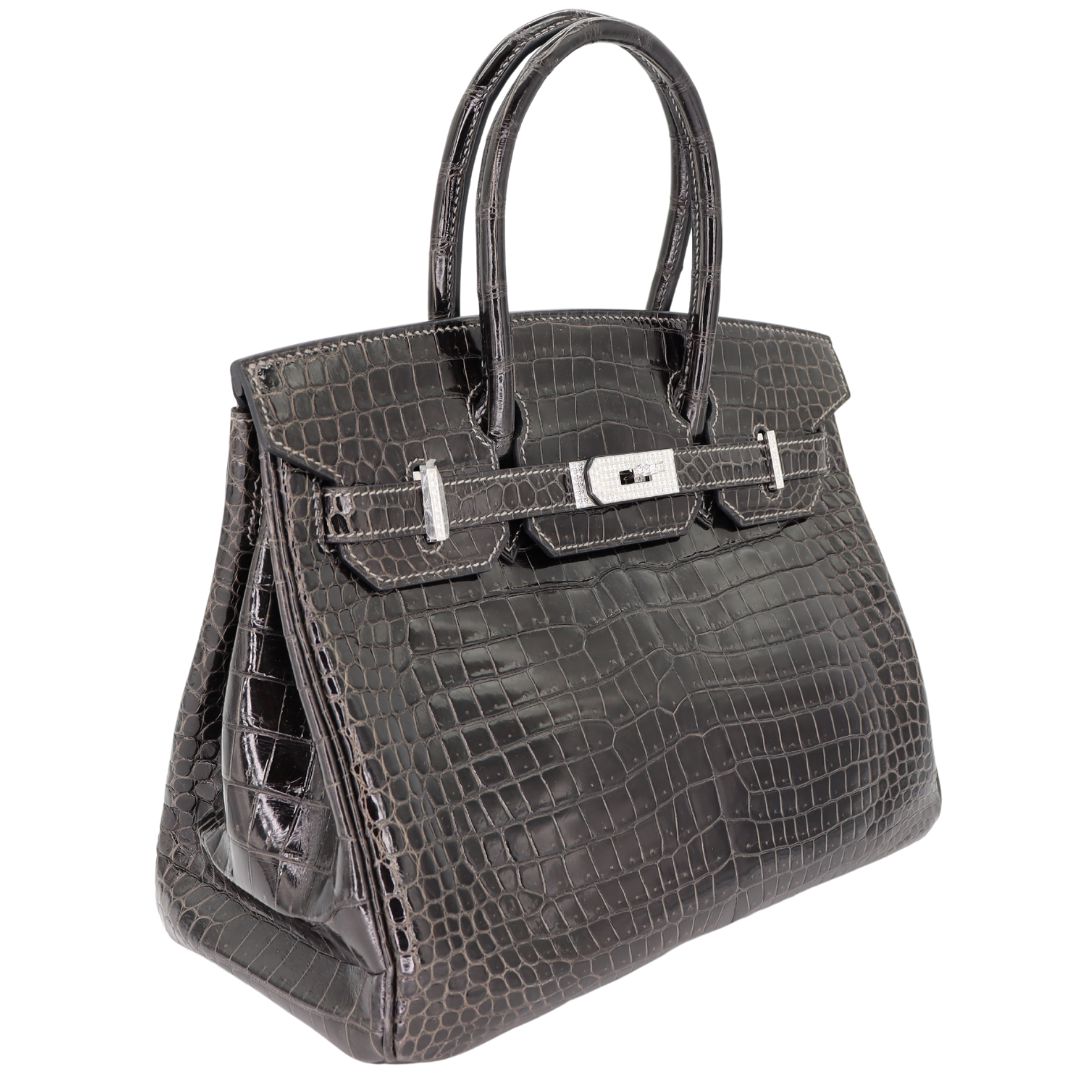 Hermès 30cm Birkin Graphite Shiny Porosus Crocodile White Gold Diamond Hardware