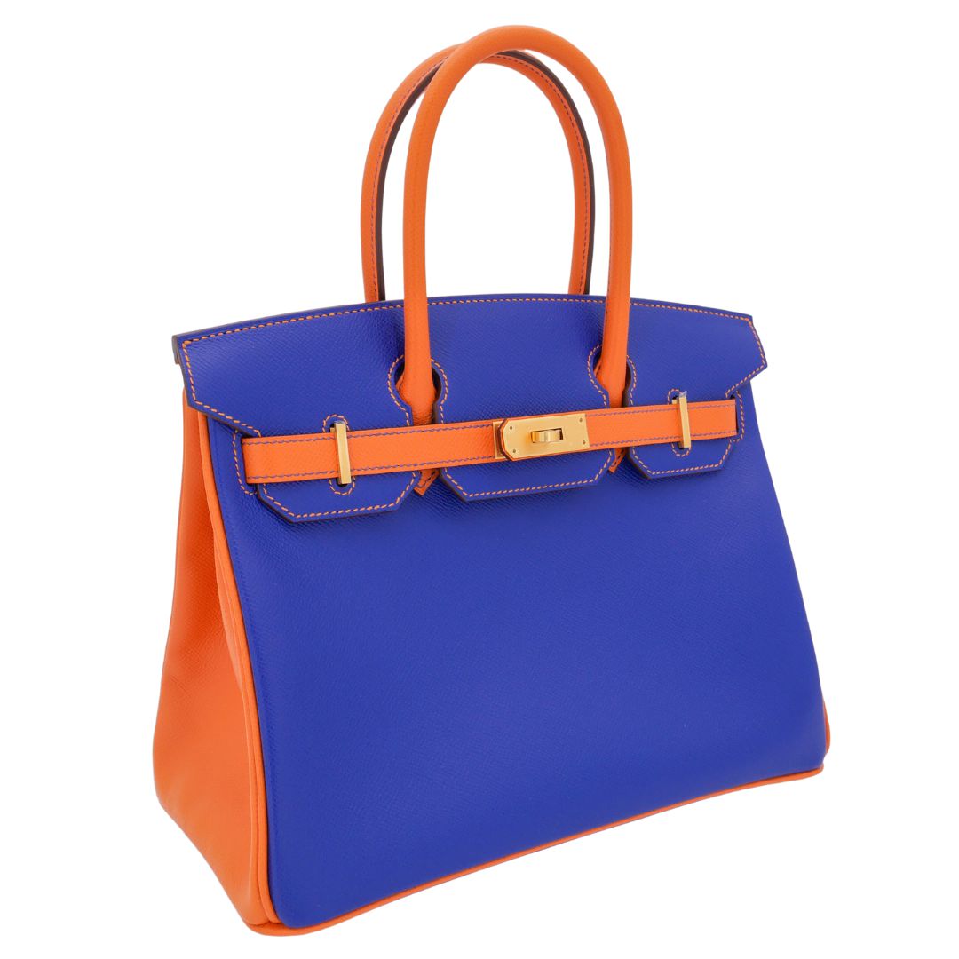 Hermès 30cm Birkin HSS Bleu Electrique/Orange Epsom Brushed Gold Hardware