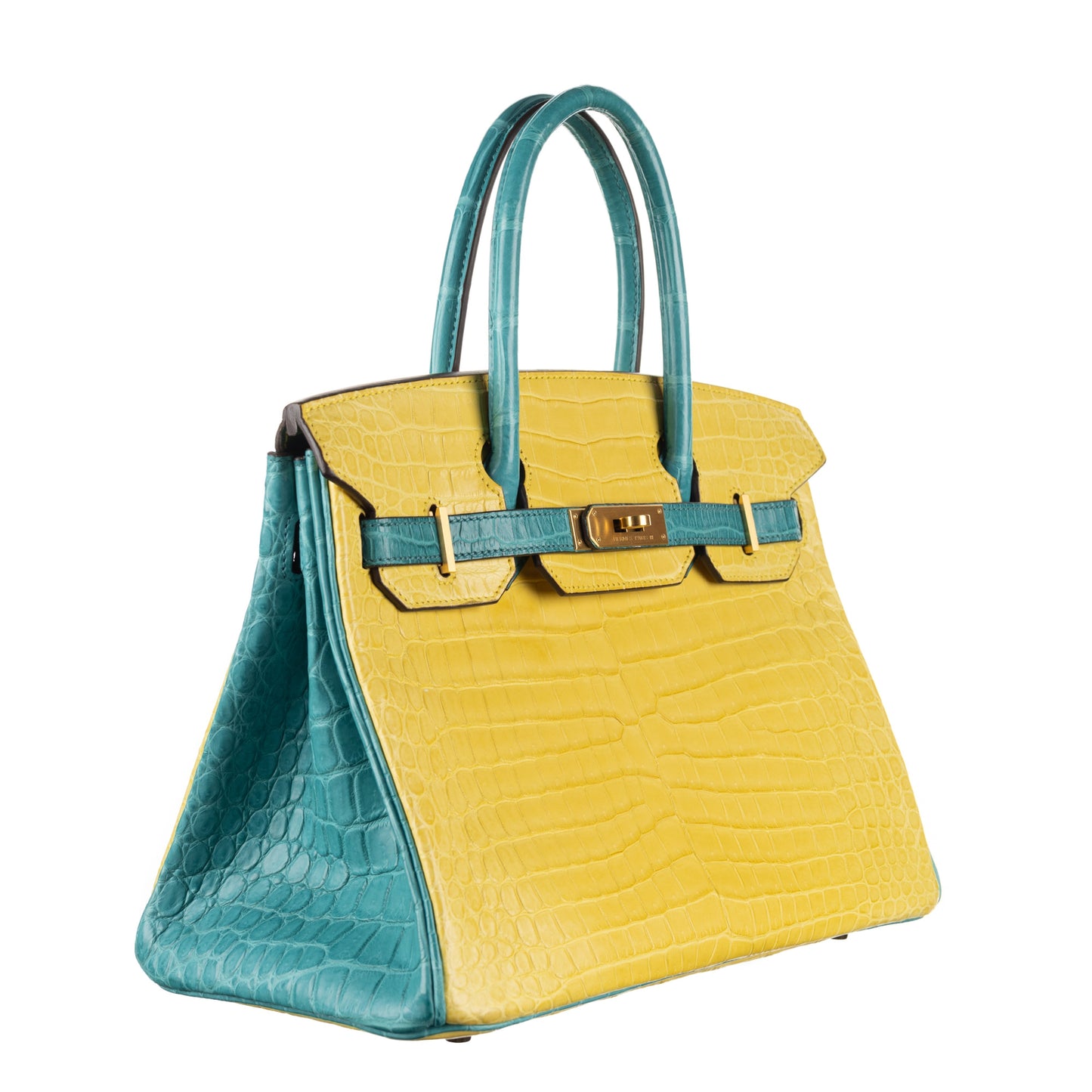 Hermès 30cm Birkin HSS Mimosa/Bleu Paon Matte Porosus Crocodile Brushed Gold Hardware