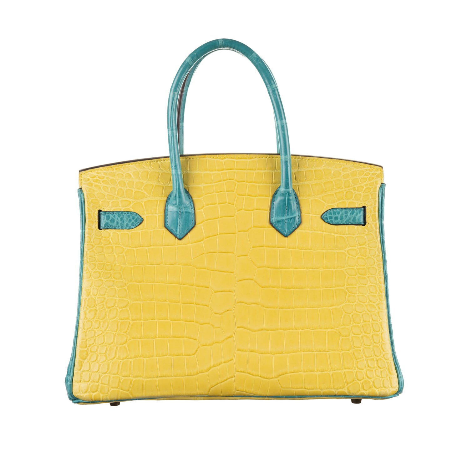 Hermès 30cm Birkin HSS Mimosa/Bleu Paon Matte Porosus Crocodile Brushed Gold Hardware
