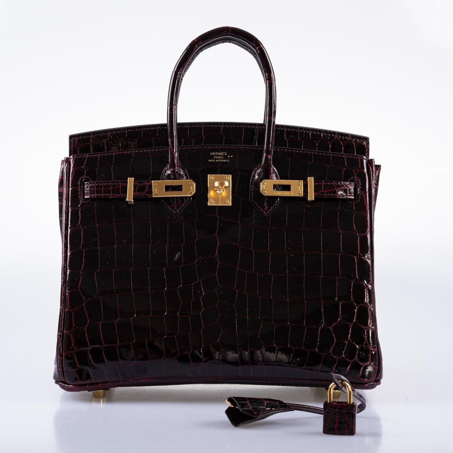 Hermès Birkin 25 Bordeaux Shiny Niloticus Crocodile with Gold Hardware