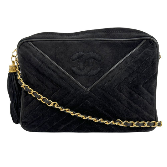 CHANEL Shoulder Bag Suede black Vstitch ChainShoulder Women Used