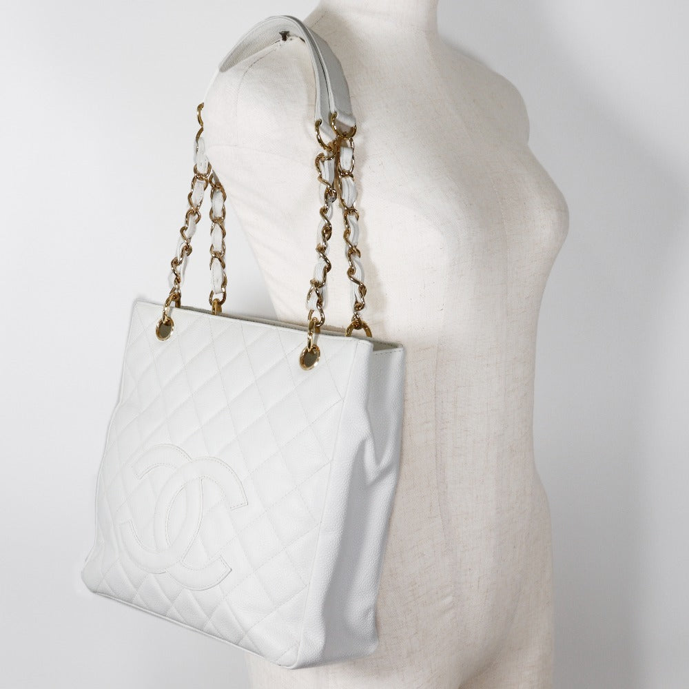 CHANEL Shoulder Bag Caviar skin White PST Chain Tote Women Used