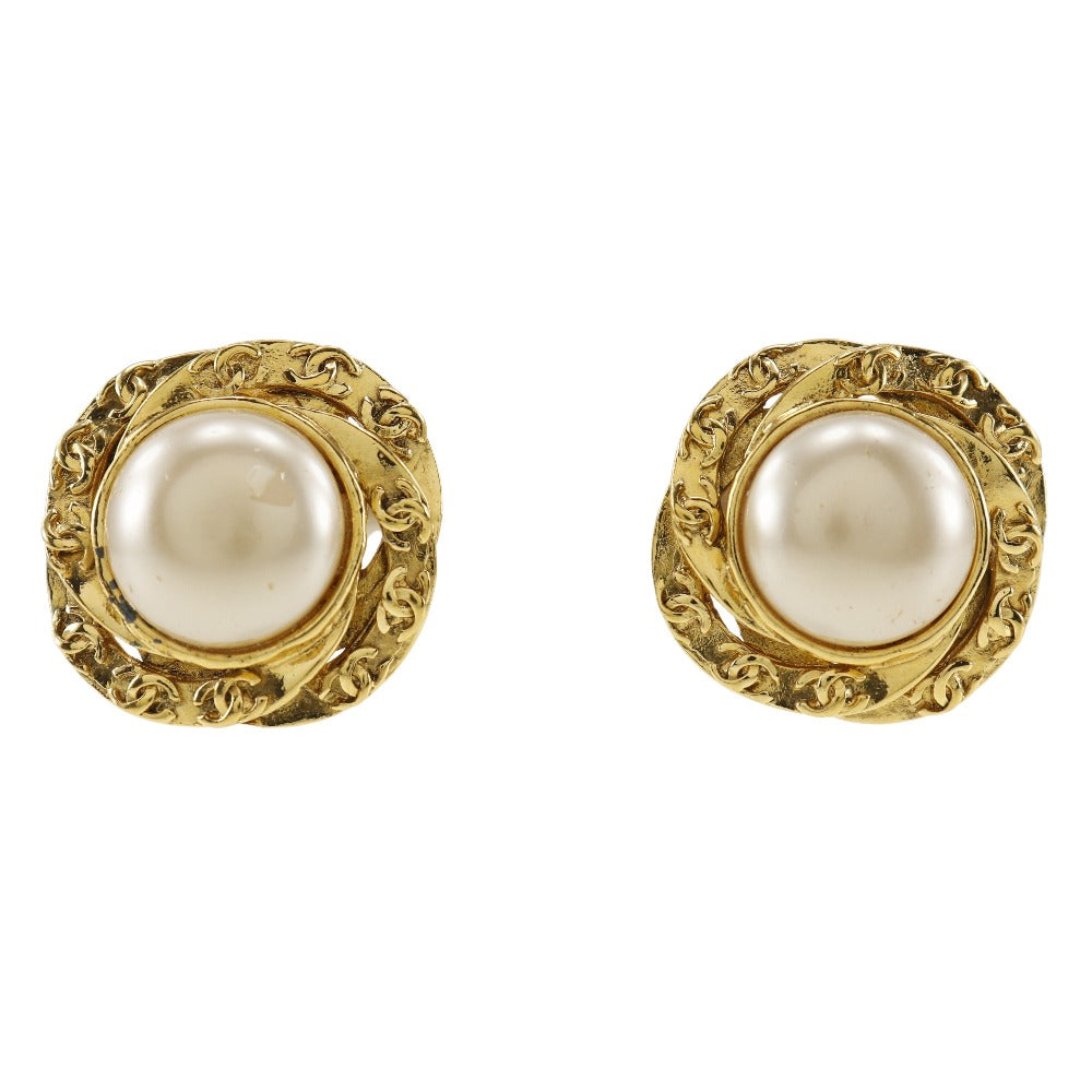 CHANEL Earring Plated Gold, Faux Pearl gold vintage COCO Mark Women Used