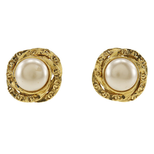 CHANEL Earring Plated Gold, Faux Pearl gold vintage COCO Mark Women Used