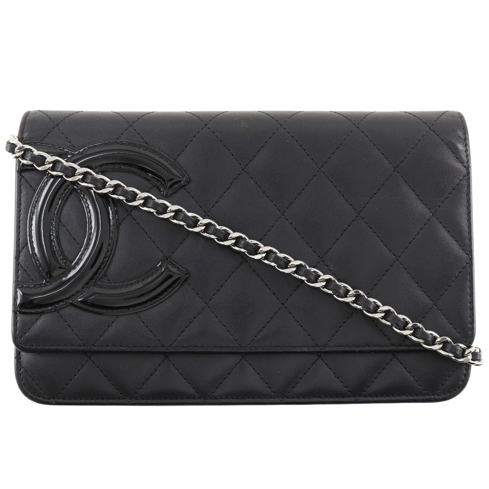 CHANEL Long Wallet Purse A46646 Calfskin, enamel black Cambon line Chain wallet Women Used