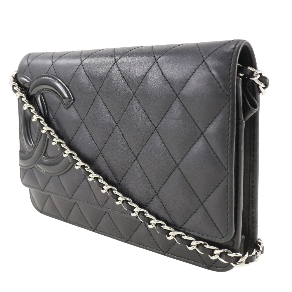 CHANEL Long Wallet Purse A46646 Calfskin, enamel black Cambon line Chain wallet Women Used