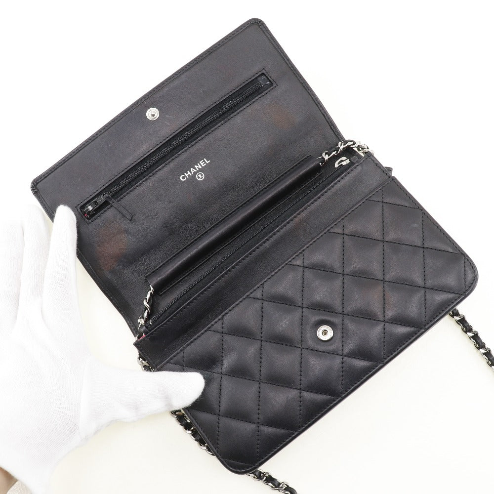 CHANEL Long Wallet Purse A46646 Calfskin, enamel black Cambon line Chain wallet Women Used