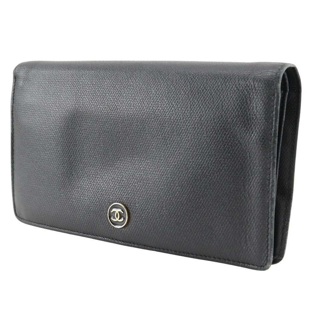 CHANEL Long Wallet Purse A20904 leather black COCO Button Women Used