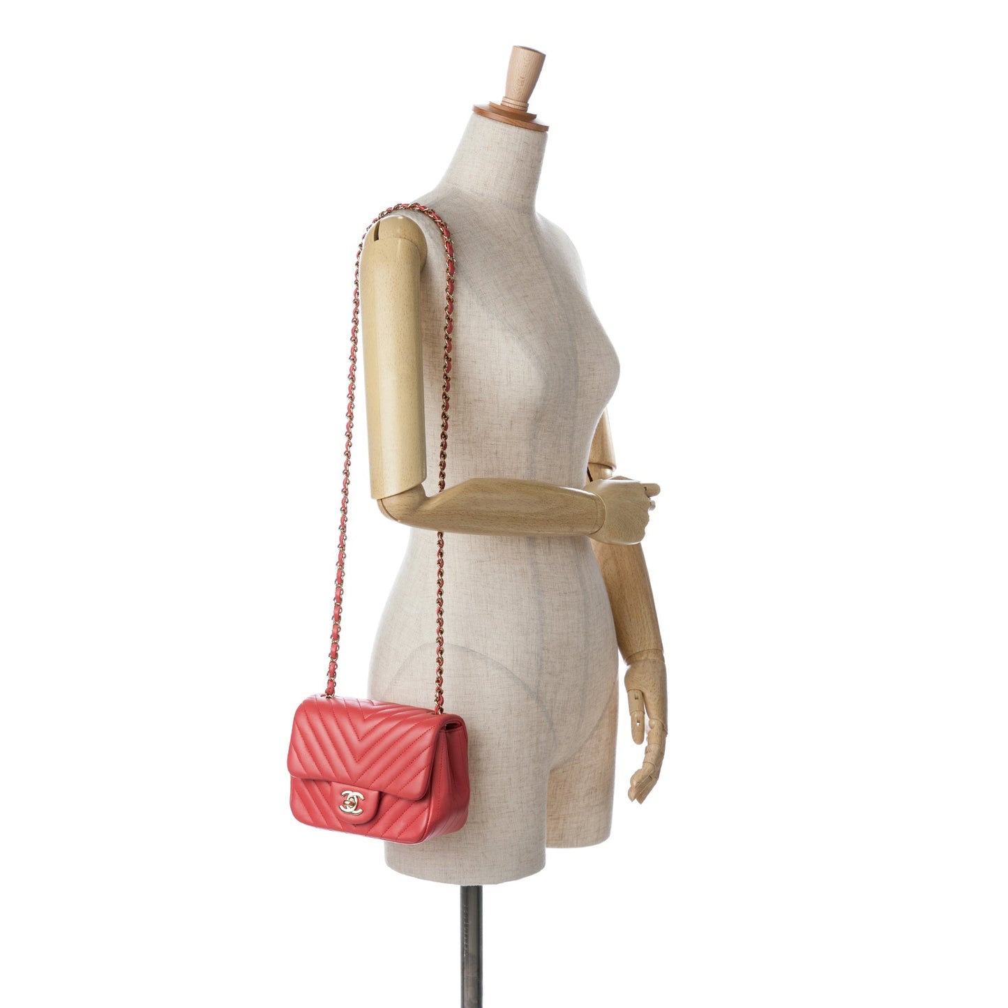 Red Chanel Mini Square Classic Chevron Lambskin Single Flap Crossbody Bag