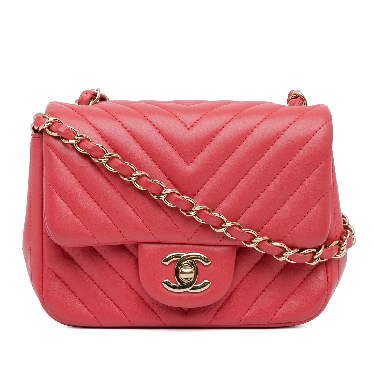 Red Chanel Mini Square Classic Chevron Lambskin Single Flap Crossbody Bag