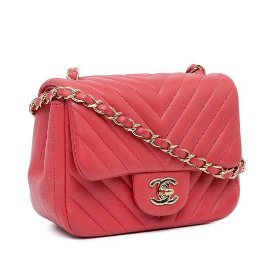 Red Chanel Mini Square Classic Chevron Lambskin Single Flap Crossbody Bag