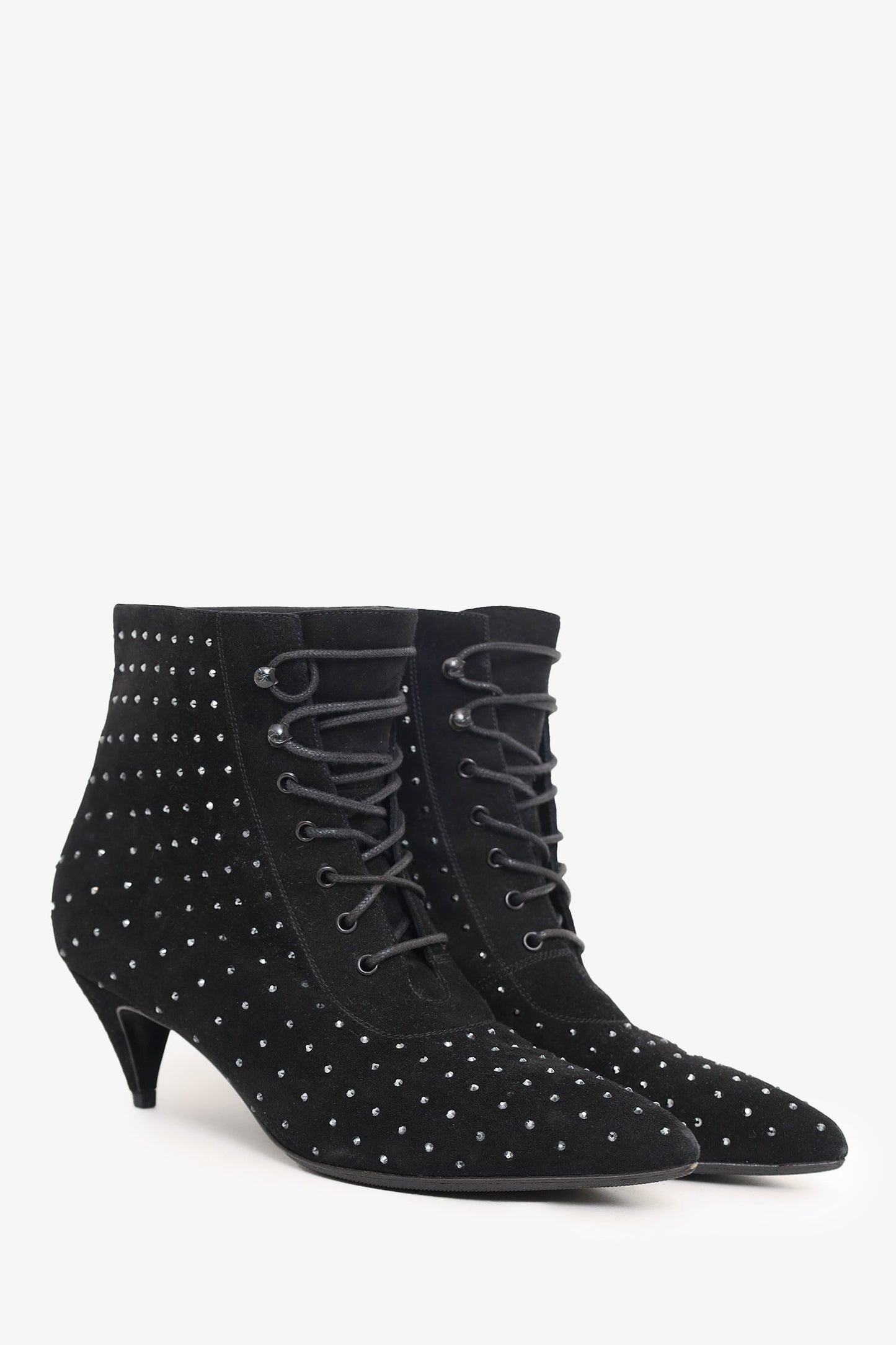Saint Laurent Black Suede Crystal Embellishments Lace-Up Boots Size 37