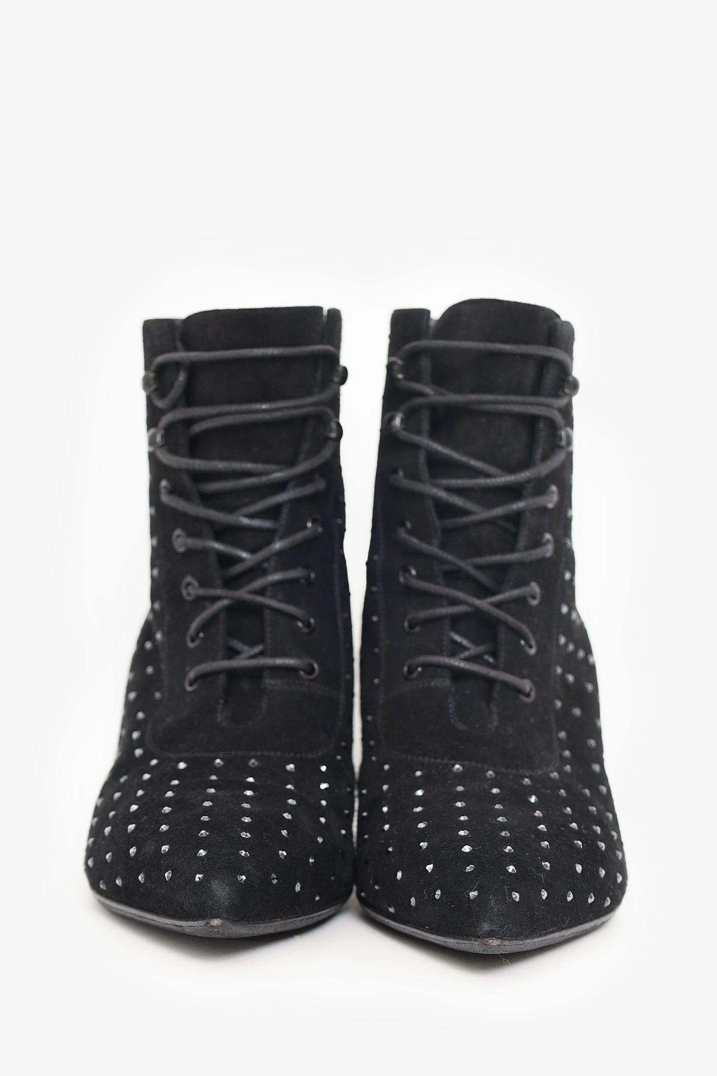 Saint Laurent Black Suede Crystal Embellishments Lace-Up Boots Size 37