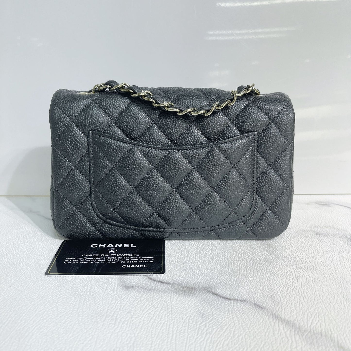 Chanel Quilted Mini Rectangular Flap Dark Grey Caviar Gold Hardware 18S