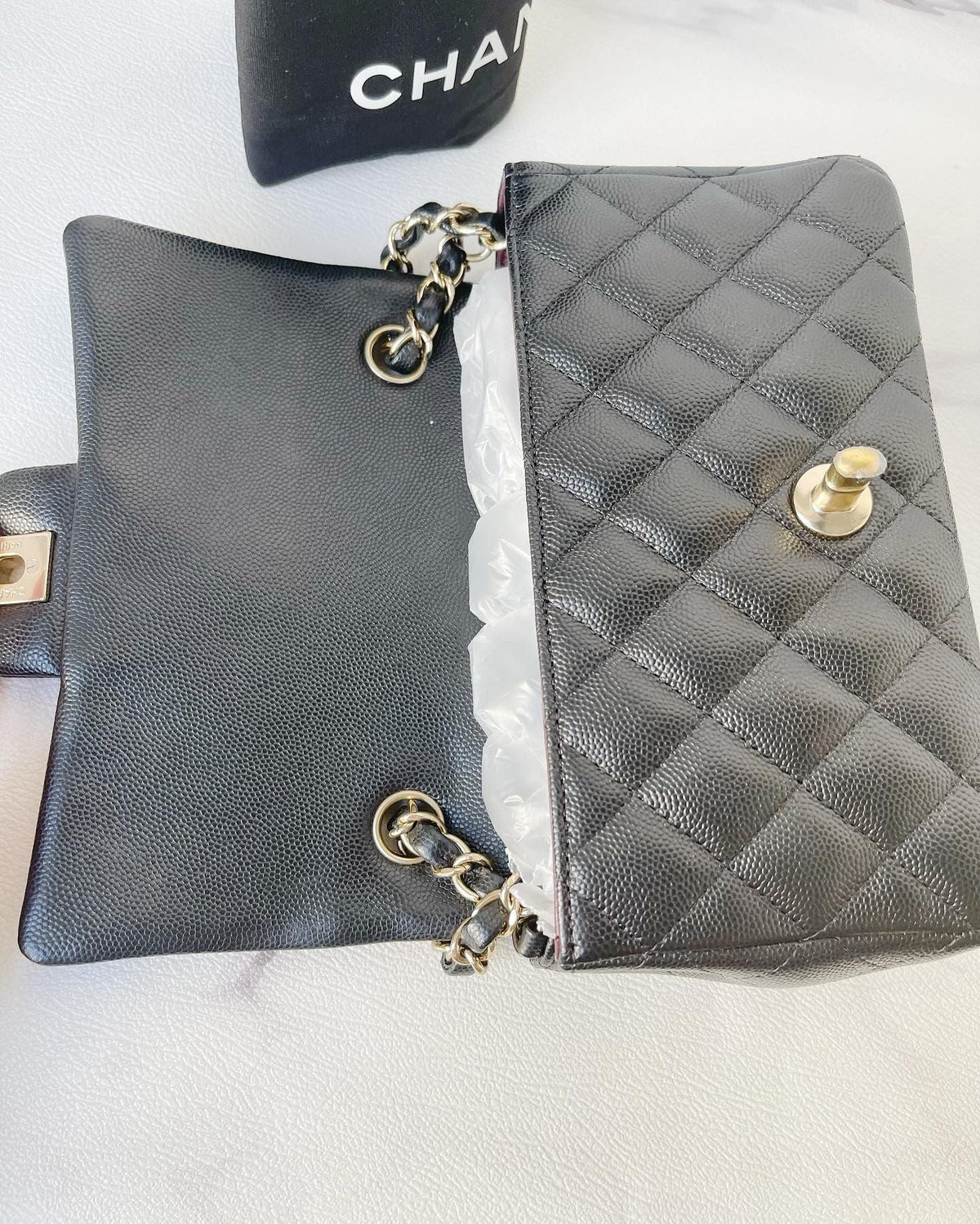 Quilted Mini Rectangular Black Caviar Hardware 17B with Burgundy Red interior