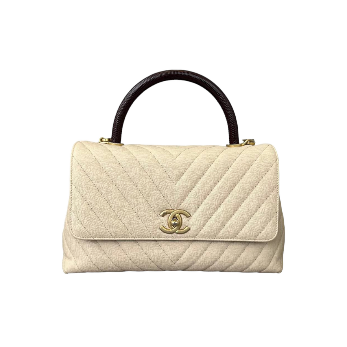 Coco Handle Medium Chevron Flap Bag White GHW
