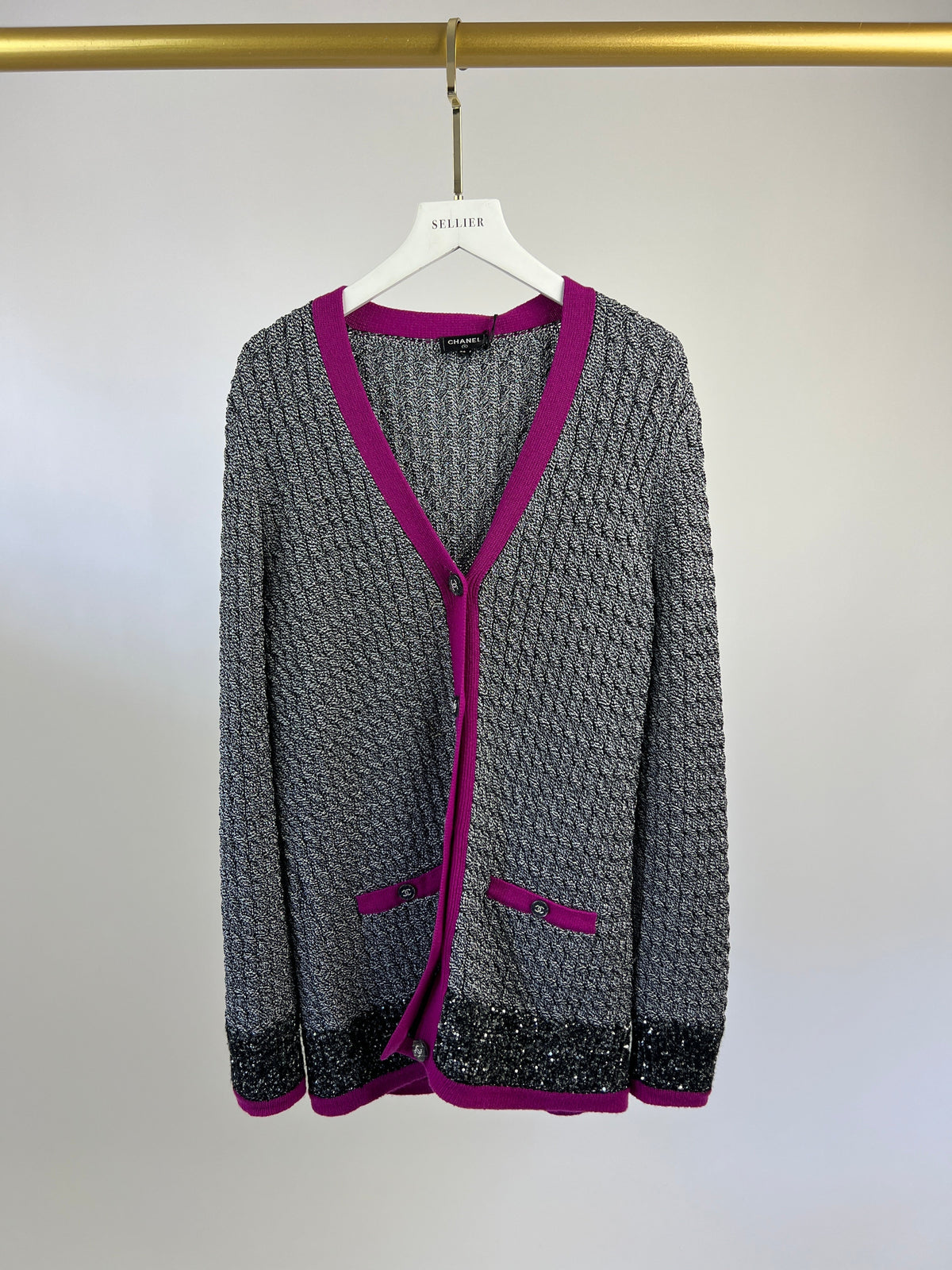 Chanel Metallic Thread Black, White Tweed igan with Purple Trim, Sequin Embellished and Crystal Button Detail Size FR 34 (UK 6)