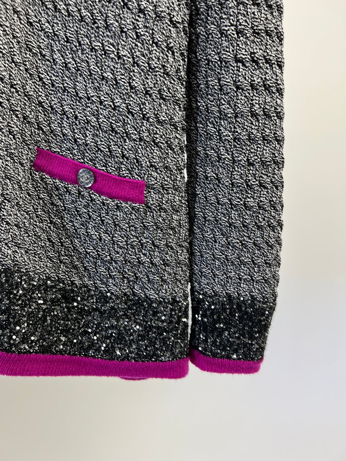 Chanel Metallic Thread Black, White Tweed igan with Purple Trim, Sequin Embellished and Crystal Button Detail Size FR 34 (UK 6)